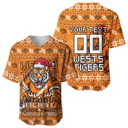 Personalized Wests Tigers Christmas Baseball Jersey Australian Rugby Fans - Pixelated Ugly Xmas Pattern Mascot Santa