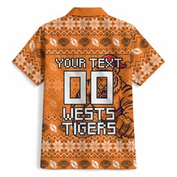 Personalized Wests Tigers Christmas Hawaiian Shirt Australian Rugby Fans - Pixelated Ugly Xmas Pattern Mascot Santa