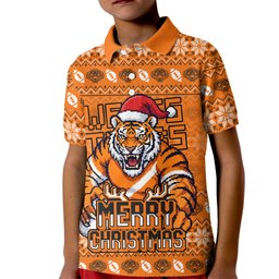 Personalized Wests Tigers Christmas Kid Polo Shirt Australian Rugby Fans - Pixelated Ugly Xmas Pattern Mascot Santa
