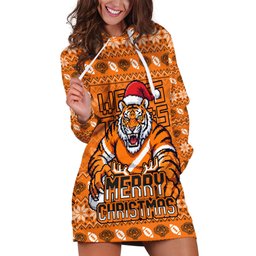 Personalized Wests Tigers Christmas Hoodie Dress Australian Rugby Fans - Pixelated Ugly Xmas Pattern Mascot Santa