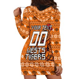 Personalized Wests Tigers Christmas Hoodie Dress Australian Rugby Fans - Pixelated Ugly Xmas Pattern Mascot Santa