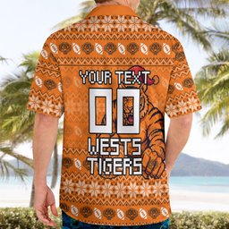 Personalized Wests Tigers Christmas Hawaiian Shirt Australian Rugby Fans - Pixelated Ugly Xmas Pattern Mascot Santa