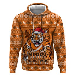 Personalized Wests Tigers Christmas Zip Hoodie Australian Rugby Fans - Pixelated Ugly Xmas Pattern Mascot Santa