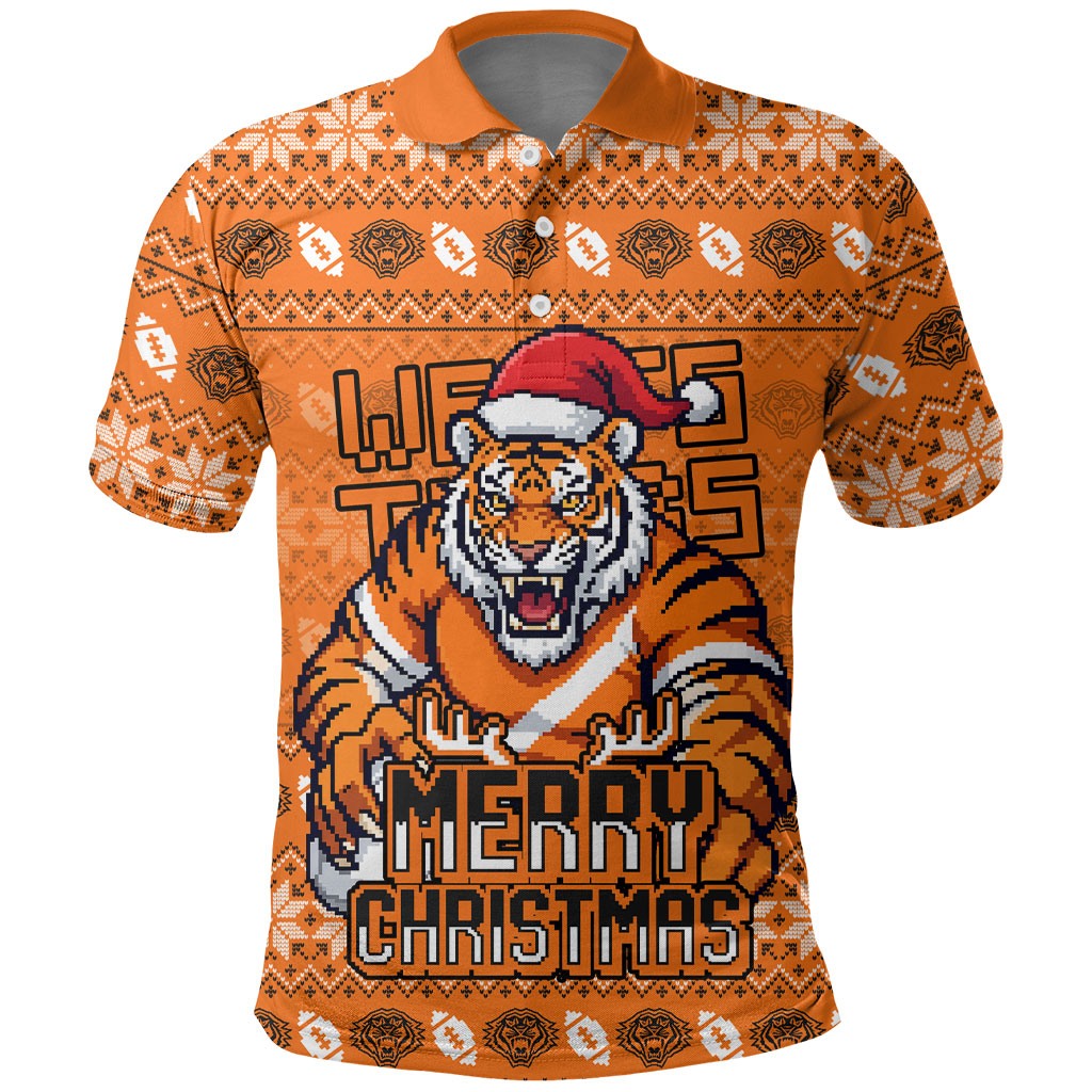 Personalized Wests Tigers Christmas Polo Shirt Australian Rugby Fans - Pixelated Ugly Xmas Pattern Mascot Santa