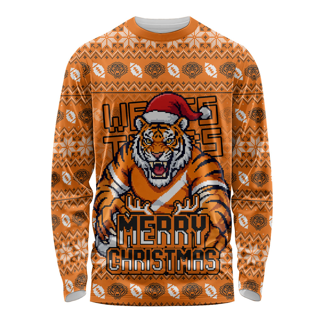 Personalized Wests Tigers Christmas Long Sleeve Shirt Australian Rugby Fans - Pixelated Ugly Xmas Pattern Mascot Santa