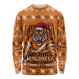 Personalized Wests Tigers Christmas Long Sleeve Shirt Australian Rugby Fans - Pixelated Ugly Xmas Pattern Mascot Santa