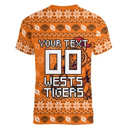 Personalized Wests Tigers Christmas Women V-Neck T-Shirt Australian Rugby Fans - Pixelated Ugly Xmas Pattern Mascot Santa