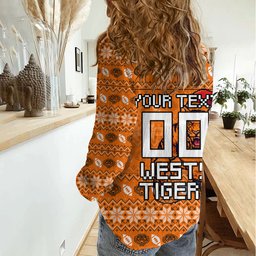 Personalized Wests Tigers Christmas Women Casual Shirt Australian Rugby Fans - Pixelated Ugly Xmas Pattern Mascot Santa