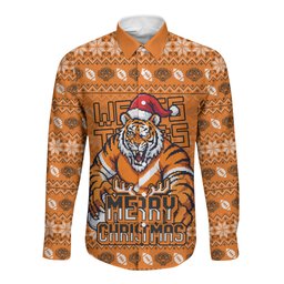 Personalized Wests Tigers Christmas Long Sleeve Button Shirt Australian Rugby Fans - Pixelated Ugly Xmas Pattern Mascot Santa