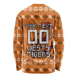 Personalized Wests Tigers Christmas Long Sleeve Shirt Australian Rugby Fans - Pixelated Ugly Xmas Pattern Mascot Santa