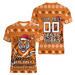Personalized Wests Tigers Christmas Women V-Neck T-Shirt Australian Rugby Fans - Pixelated Ugly Xmas Pattern Mascot Santa