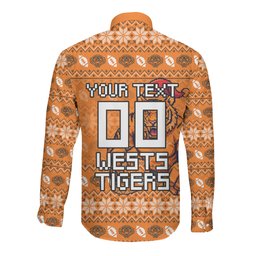 Personalized Wests Tigers Christmas Long Sleeve Button Shirt Australian Rugby Fans - Pixelated Ugly Xmas Pattern Mascot Santa