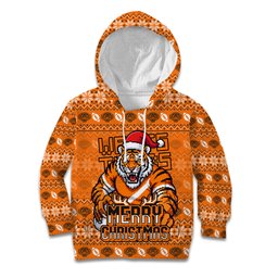 Personalized Wests Tigers Christmas Kid Hoodie Australian Rugby Fans - Pixelated Ugly Xmas Pattern Mascot Santa