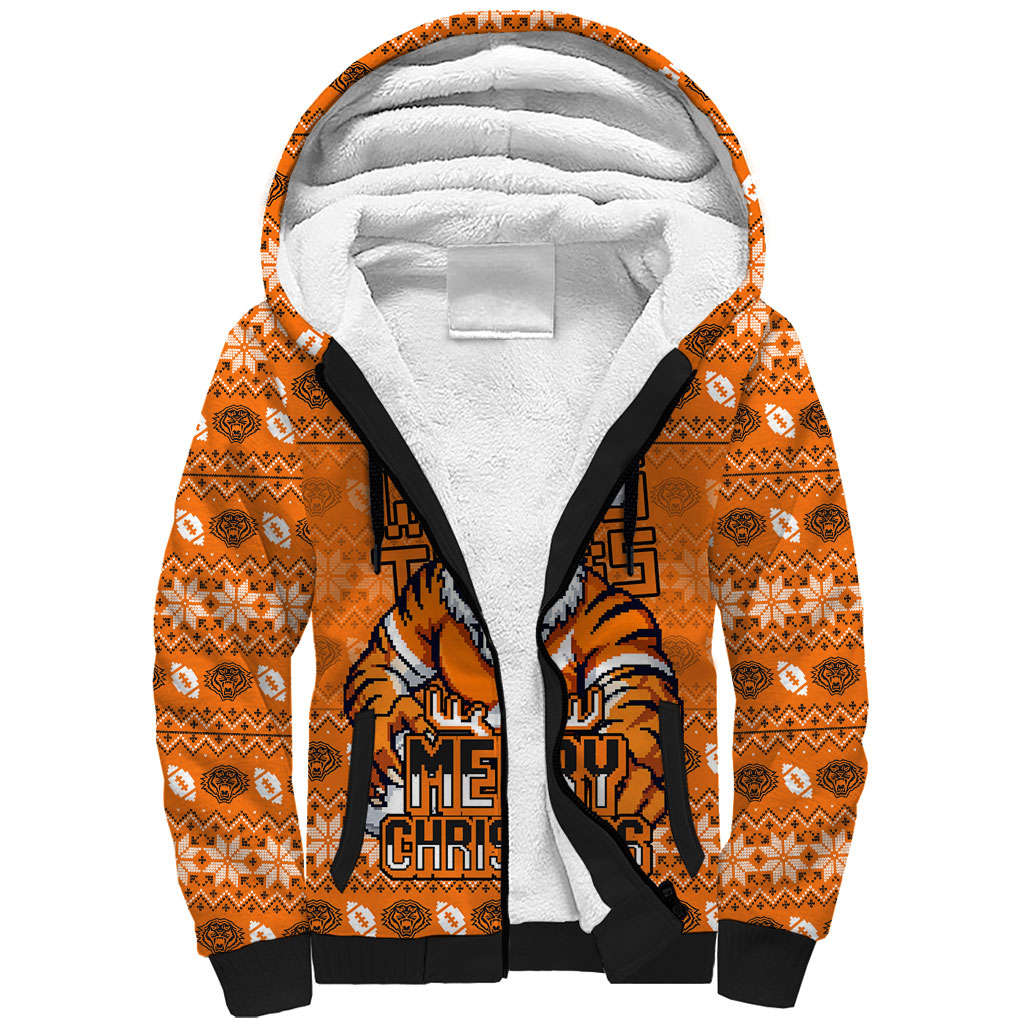 Personalized Wests Tigers Christmas Sherpa Hoodie Australian Rugby Fans - Pixelated Ugly Xmas Pattern Mascot Santa
