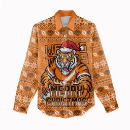 Personalized Wests Tigers Christmas Women Casual Shirt Australian Rugby Fans - Pixelated Ugly Xmas Pattern Mascot Santa