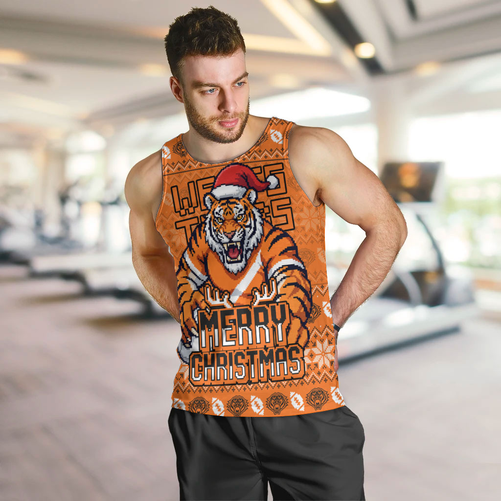 Personalized Wests Tigers Christmas Men Tank Top Australian Rugby Fans - Pixelated Ugly Xmas Pattern Mascot Santa