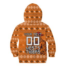 Personalized Wests Tigers Christmas Kid Hoodie Australian Rugby Fans - Pixelated Ugly Xmas Pattern Mascot Santa