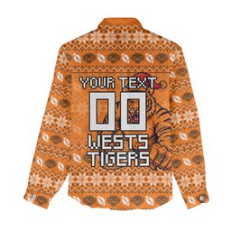 Personalized Wests Tigers Christmas Women Casual Shirt Australian Rugby Fans - Pixelated Ugly Xmas Pattern Mascot Santa