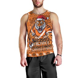 Personalized Wests Tigers Christmas Men Tank Top Australian Rugby Fans - Pixelated Ugly Xmas Pattern Mascot Santa