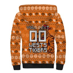 Personalized Wests Tigers Christmas Sherpa Hoodie Australian Rugby Fans - Pixelated Ugly Xmas Pattern Mascot Santa