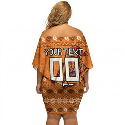 Personalized Wests Tigers Christmas Off Shoulder Short Dress Australian Rugby Fans - Pixelated Ugly Xmas Pattern Mascot Santa