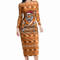 Personalized Wests Tigers Christmas Long Sleeve Bodycon Dress Australian Rugby Fans - Pixelated Ugly Xmas Pattern Mascot Santa