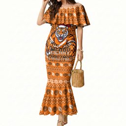 Personalized Wests Tigers Christmas Mermaid Dress Australian Rugby Fans - Pixelated Ugly Xmas Pattern Mascot Santa