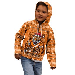 Personalized Wests Tigers Christmas Kid Hoodie Australian Rugby Fans - Pixelated Ugly Xmas Pattern Mascot Santa