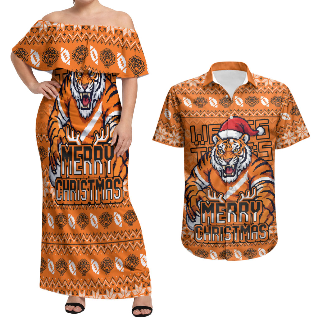 Personalized Wests Tigers Christmas Couples Matching Off Shoulder Maxi Dress and Hawaiian Shirt Australian Rugby Fans - Pixelated Ugly Xmas Pattern Mascot Santa