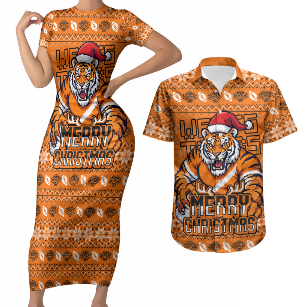 Personalized Wests Tigers Christmas Couples Matching Short Sleeve Bodycon Dress and Hawaiian Shirt Australian Rugby Fans - Pixelated Ugly Xmas Pattern Mascot Santa
