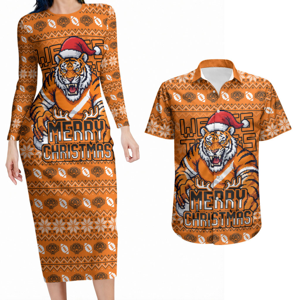 Personalized Wests Tigers Christmas Couples Matching Long Sleeve Bodycon Dress and Hawaiian Shirt Australian Rugby Fans - Pixelated Ugly Xmas Pattern Mascot Santa
