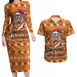 Personalized Wests Tigers Christmas Couples Matching Long Sleeve Bodycon Dress and Hawaiian Shirt Australian Rugby Fans - Pixelated Ugly Xmas Pattern Mascot Santa
