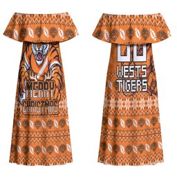 Personalized Wests Tigers Christmas Couples Matching Off Shoulder Maxi Dress and Hawaiian Shirt Australian Rugby Fans - Pixelated Ugly Xmas Pattern Mascot Santa