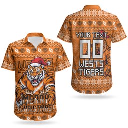 Personalized Wests Tigers Christmas Couples Matching Short Sleeve Bodycon Dress and Hawaiian Shirt Australian Rugby Fans - Pixelated Ugly Xmas Pattern Mascot Santa