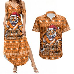 Personalized Wests Tigers Christmas Couples Matching Summer Maxi Dress and Hawaiian Shirt Australian Rugby Fans - Pixelated Ugly Xmas Pattern Mascot Santa