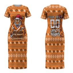 Personalized Wests Tigers Christmas Couples Matching Short Sleeve Bodycon Dress and Hawaiian Shirt Australian Rugby Fans - Pixelated Ugly Xmas Pattern Mascot Santa