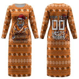 Personalized Wests Tigers Christmas Couples Matching Long Sleeve Bodycon Dress and Hawaiian Shirt Australian Rugby Fans - Pixelated Ugly Xmas Pattern Mascot Santa