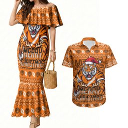 Personalized Wests Tigers Christmas Couples Matching Mermaid Dress and Hawaiian Shirt Australian Rugby Fans - Pixelated Ugly Xmas Pattern Mascot Santa
