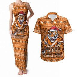 Personalized Wests Tigers Christmas Couples Matching Tank Maxi Dress and Hawaiian Shirt Australian Rugby Fans - Pixelated Ugly Xmas Pattern Mascot Santa