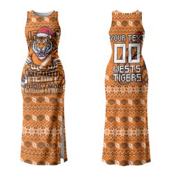 Personalized Wests Tigers Christmas Couples Matching Tank Maxi Dress and Hawaiian Shirt Australian Rugby Fans - Pixelated Ugly Xmas Pattern Mascot Santa