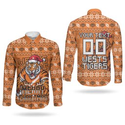 Personalized Wests Tigers Christmas Couples Matching Off Shoulder Maxi Dress and Long Sleeve Button Shirt Australian Rugby Fans - Pixelated Ugly Xmas Pattern Mascot Santa