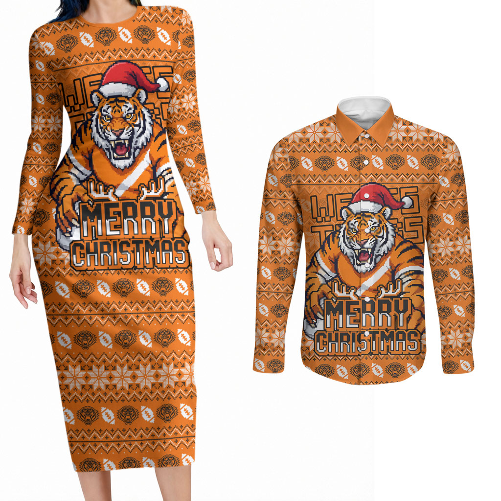 Personalized Wests Tigers Christmas Couples Matching Long Sleeve Bodycon Dress and Long Sleeve Button Shirt Australian Rugby Fans - Pixelated Ugly Xmas Pattern Mascot Santa