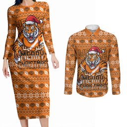 Personalized Wests Tigers Christmas Couples Matching Long Sleeve Bodycon Dress and Long Sleeve Button Shirt Australian Rugby Fans - Pixelated Ugly Xmas Pattern Mascot Santa