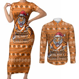 Personalized Wests Tigers Christmas Couples Matching Short Sleeve Bodycon Dress and Long Sleeve Button Shirt Australian Rugby Fans - Pixelated Ugly Xmas Pattern Mascot Santa