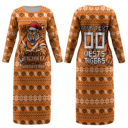 Personalized Wests Tigers Christmas Couples Matching Long Sleeve Bodycon Dress and Long Sleeve Button Shirt Australian Rugby Fans - Pixelated Ugly Xmas Pattern Mascot Santa
