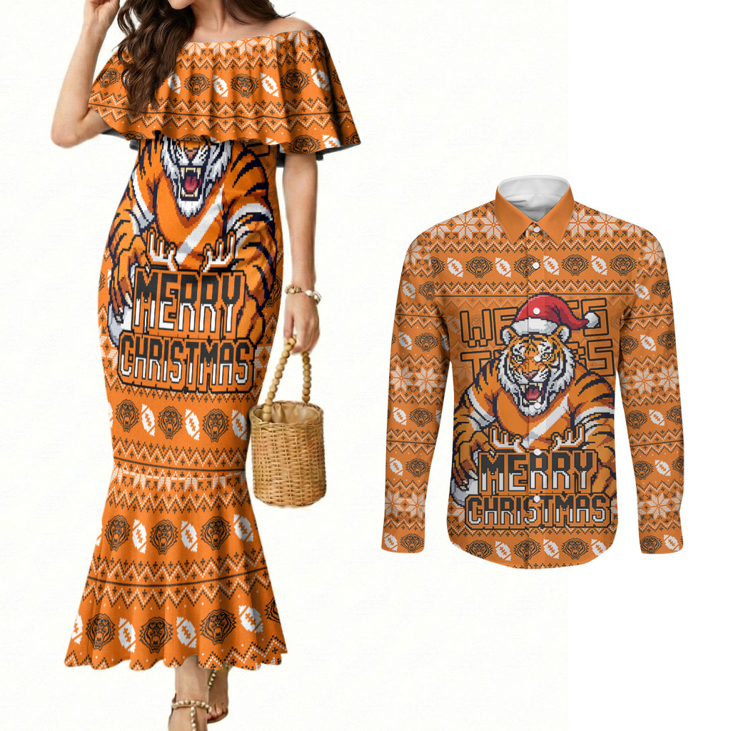 Personalized Wests Tigers Christmas Couples Matching Mermaid Dress and Long Sleeve Button Shirt Australian Rugby Fans - Pixelated Ugly Xmas Pattern Mascot Santa