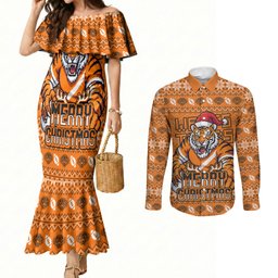 Personalized Wests Tigers Christmas Couples Matching Mermaid Dress and Long Sleeve Button Shirt Australian Rugby Fans - Pixelated Ugly Xmas Pattern Mascot Santa
