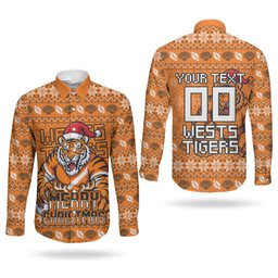 Personalized Wests Tigers Christmas Couples Matching Short Sleeve Bodycon Dress and Long Sleeve Button Shirt Australian Rugby Fans - Pixelated Ugly Xmas Pattern Mascot Santa