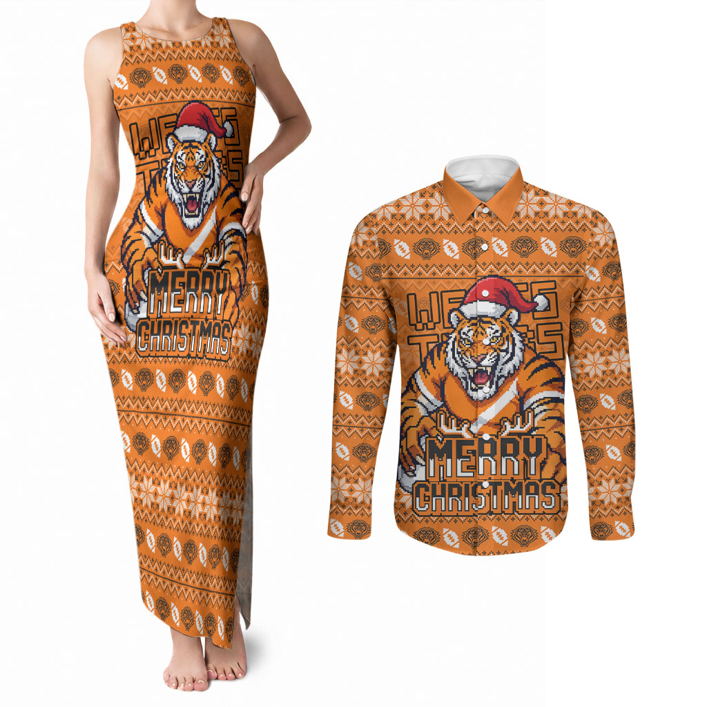 Personalized Wests Tigers Christmas Couples Matching Tank Maxi Dress and Long Sleeve Button Shirt Australian Rugby Fans - Pixelated Ugly Xmas Pattern Mascot Santa