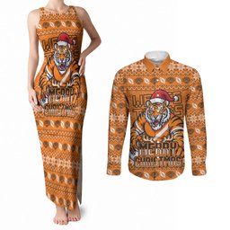Personalized Wests Tigers Christmas Couples Matching Tank Maxi Dress and Long Sleeve Button Shirt Australian Rugby Fans - Pixelated Ugly Xmas Pattern Mascot Santa